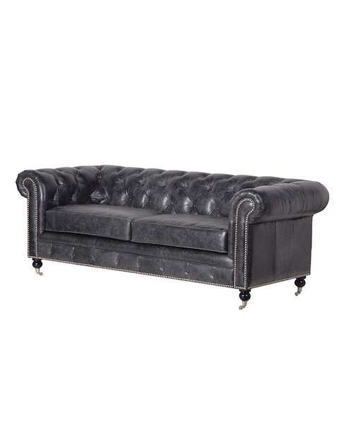  Black Leather 3 Seater Chesterfield