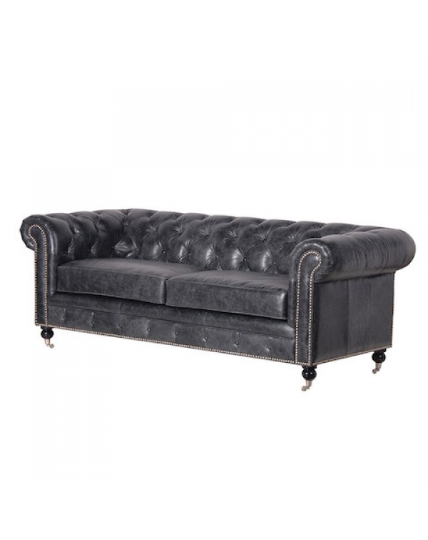   Black Leather 3 Seater Chesterfield