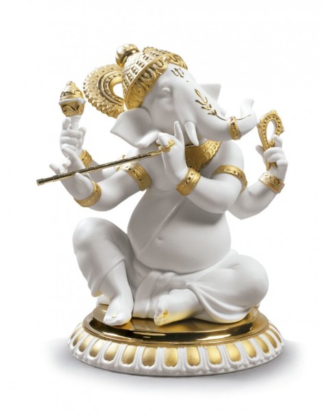 Lladro Bansuri Ganesha Figurine Golden Lustre