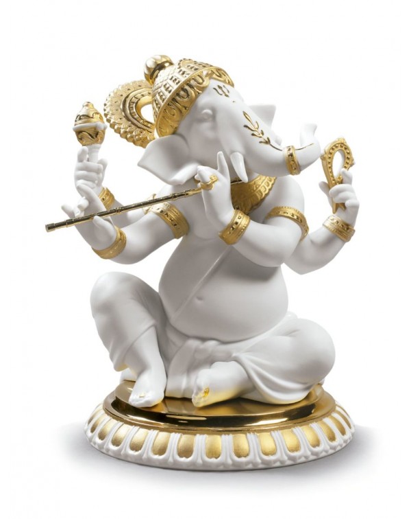 Lladro Bansuri Ganesha Figurine Golden Lustre