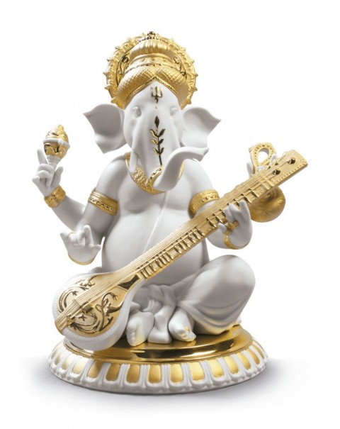 Lladro Veena Ganesha Figurine Golden Lustre