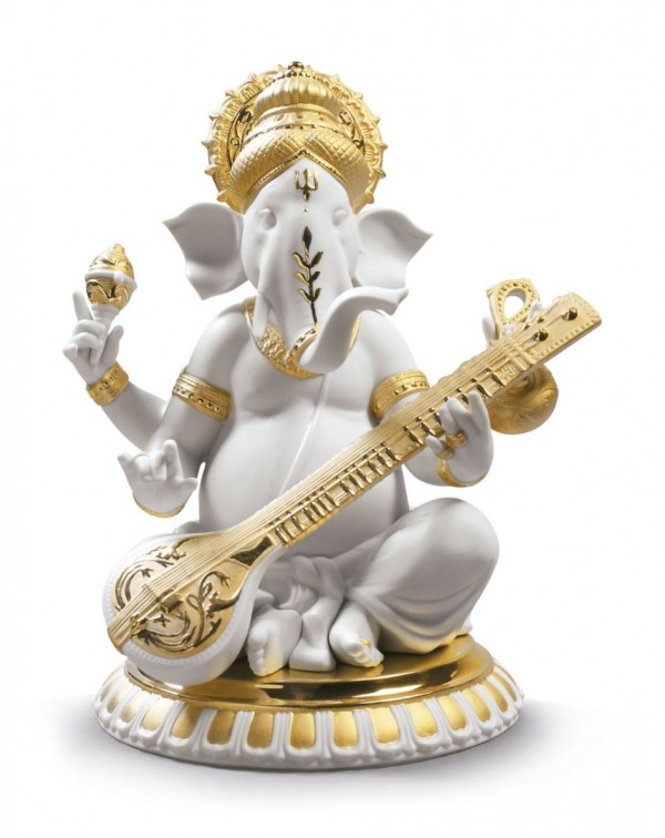 Lladro Veena Ganesha Figurine Golden Lustre
